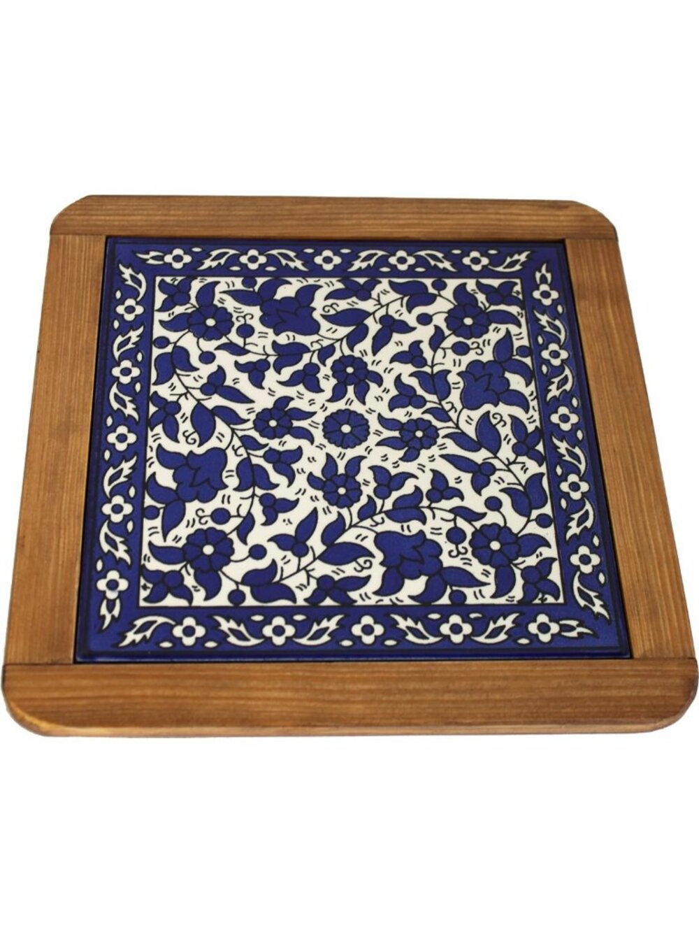 Extra Large Ceramic Coaster Trivet - Blue Floral Hot Plate, 9.75" Kitchen Decor